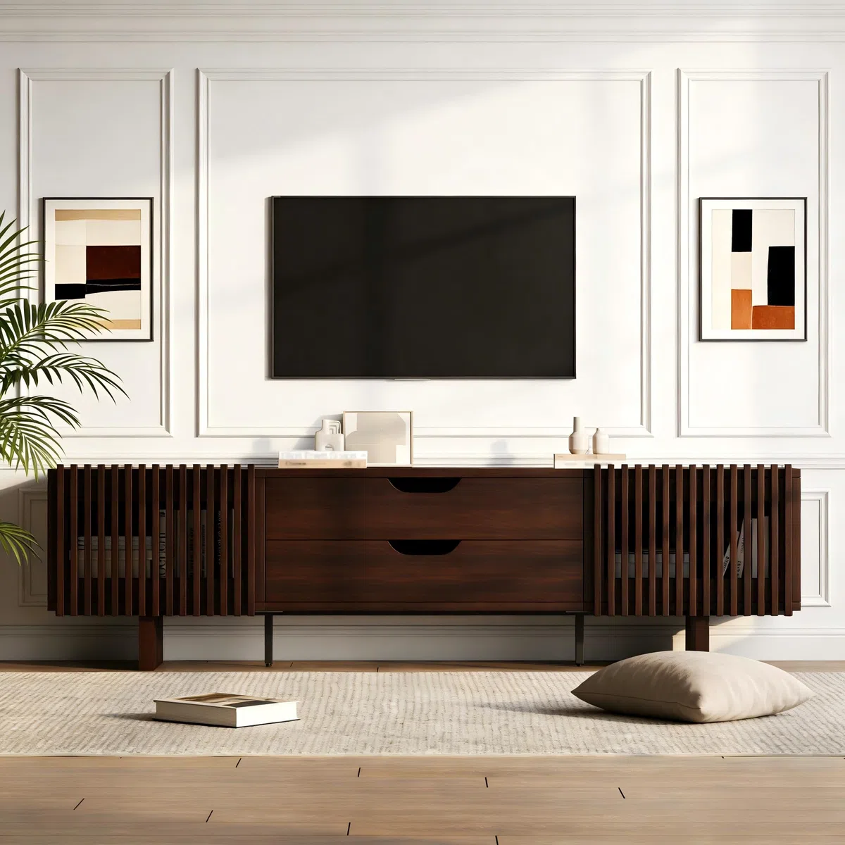 Soporte para TV de 180 x 40 x 45 cm en nogal oscuro, dispone de dos cajones y puertas de armario únicas, mueble de TV, armario de salón, armario de televisión, adecuado para televisores de hasta 75