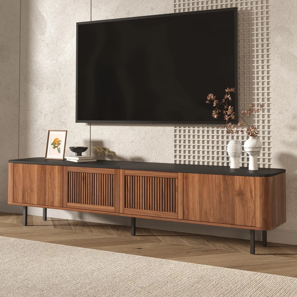 Mueble para TV de color nogal, 190 x 35 x 45 cm, panel moderno, soporte de TV bajo, diseño único