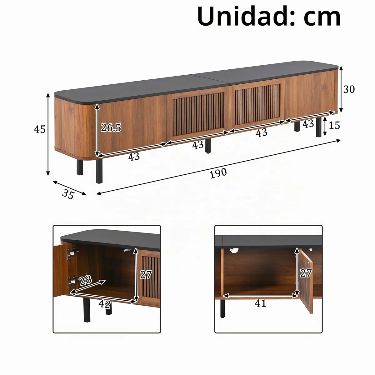 Mueble para TV de color nogal, 190 x 35 x 45 cm, panel moderno, soporte de TV bajo, diseño único
