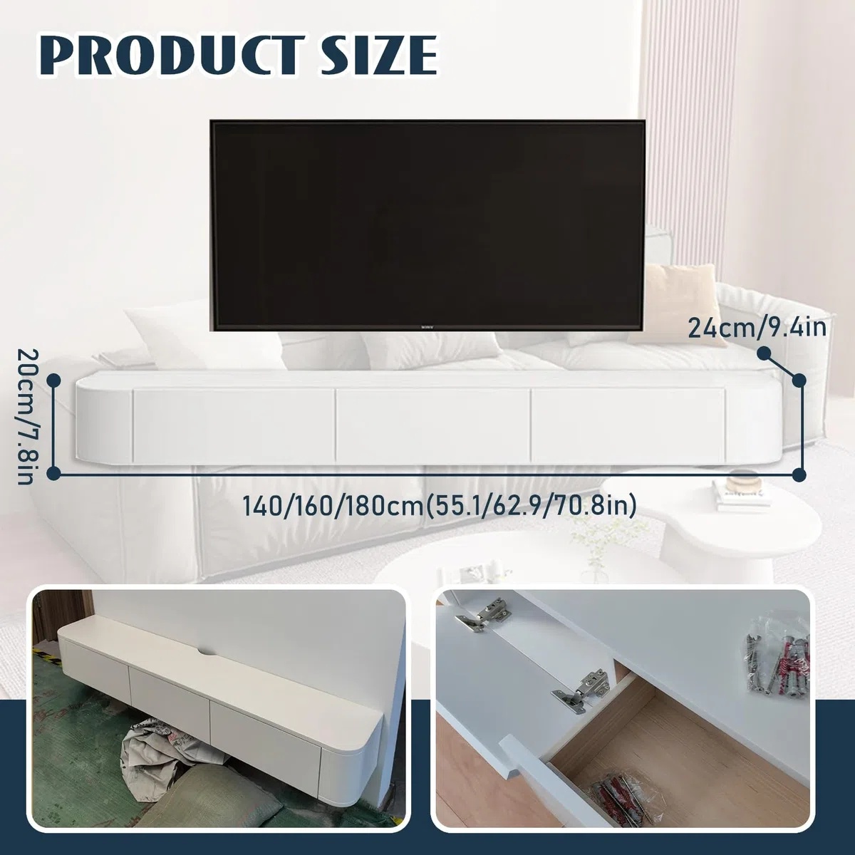 Unidad De Entretenimiento Que Ahorra Espacio, Mueble De TV Blanco Moderno Con Almacenamiento, Mueble De TV Flotante Negro, Consola Multimedia Grande, Para Sala De Estar, Dormitorio U Oficina(Blanco,14
