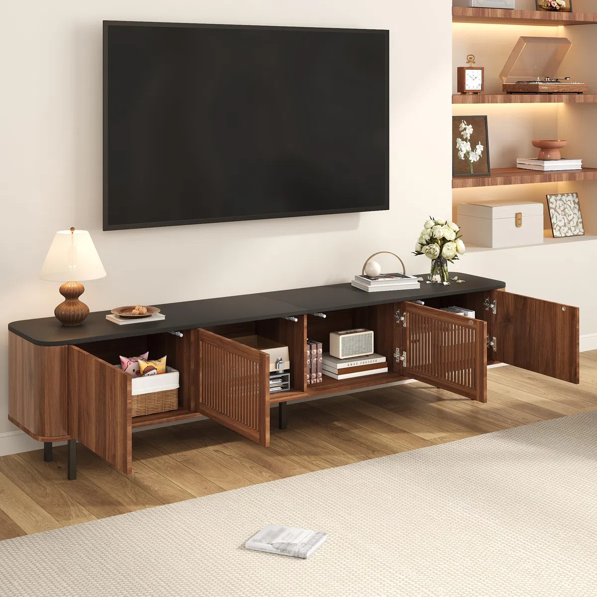 Mueble para TV de color nogal, 190 x 35 x 45 cm, panel moderno, soporte de TV bajo, diseño único