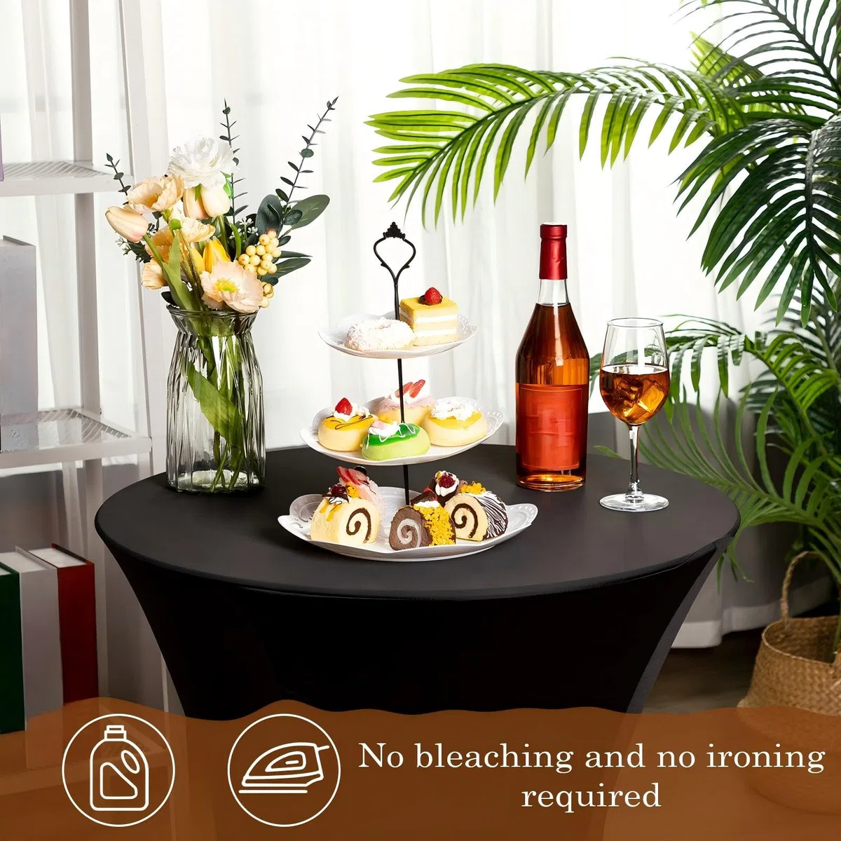 Mantel de elastano para mesa de cóctel a granel, 24 x 43 pulgadas, redondo, elástico, para bistró, ropa de esquina alta para bodas, banquetes, fiestas de cumpleaños (negro, paquete de 10)