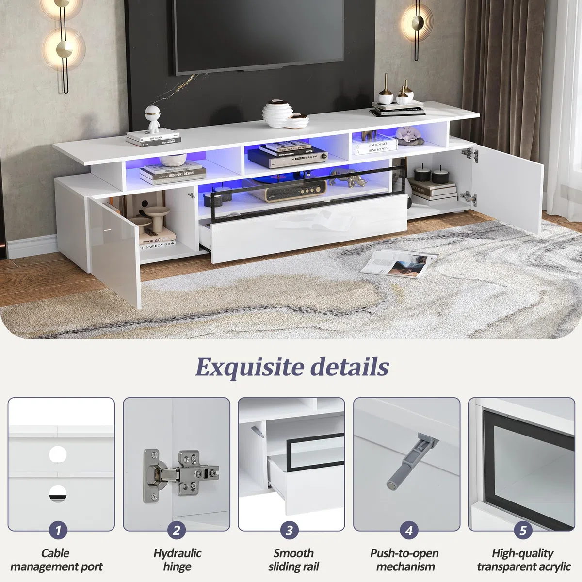 Mueble para TV de 180 cm en color blanco brillante con LED, 2 armarios, 1 cajón y 10 estantes, mesa de TV con control de aplicación, apto para televisores de hasta 75 pulgadas aprox
