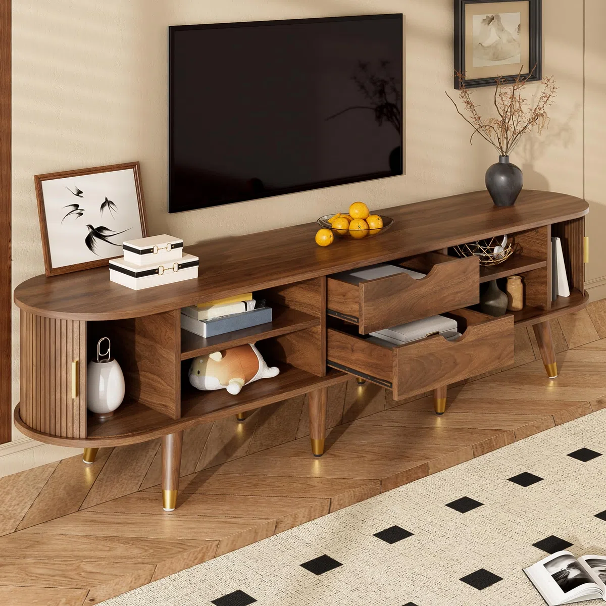 Mueble de TV de ratán de 175 cm de ancho, con puertas correderas, espacio de almacenamiento, compartimentos abiertos, cajones y asas doradas de nogal rústico
