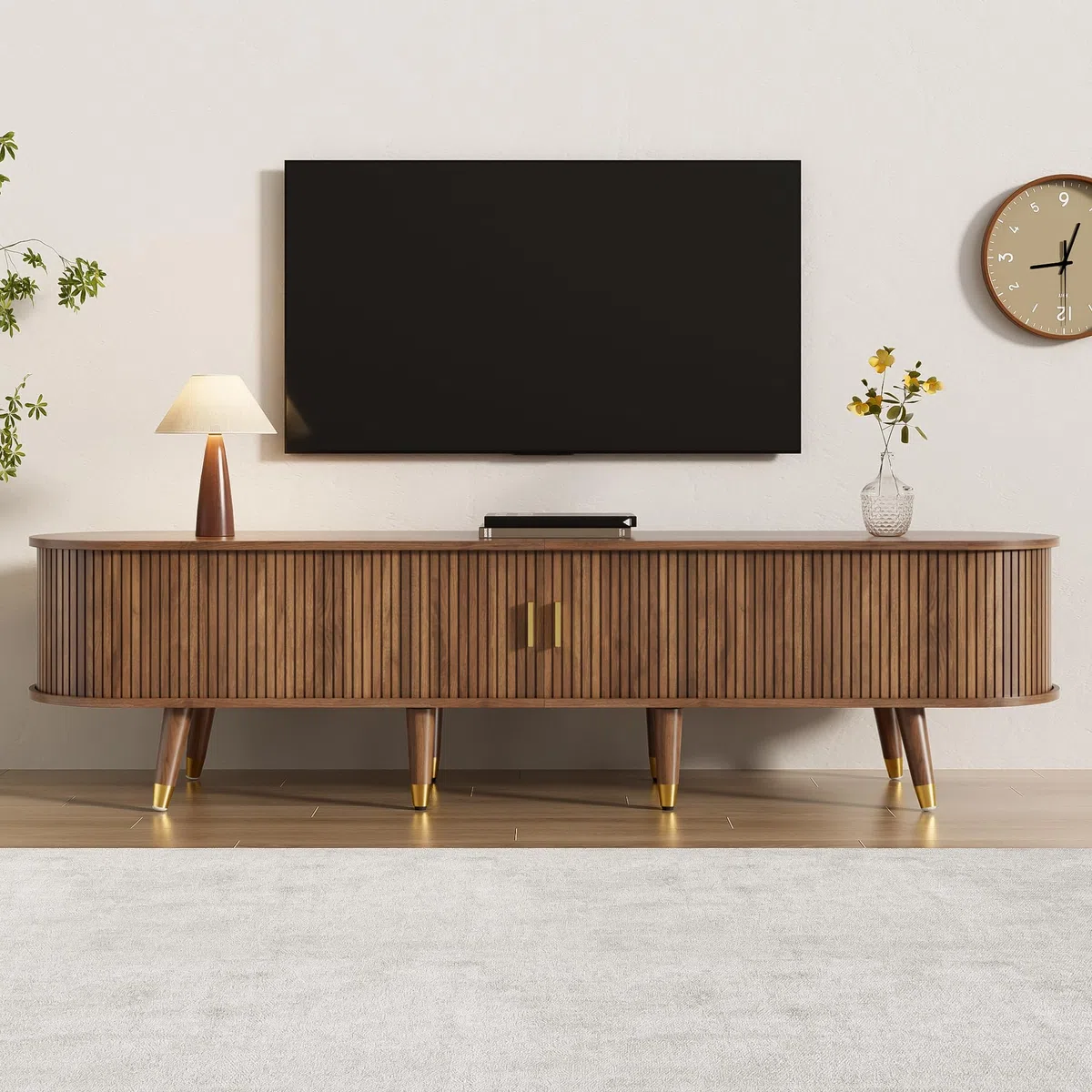 Mueble para TV de 175 cm con puerta corredera de ratán, aspecto de nogal y mucho espacio de almacenamiento, mesa de televisión rústica de MDF con compartimentos abiertos, cajones y armario