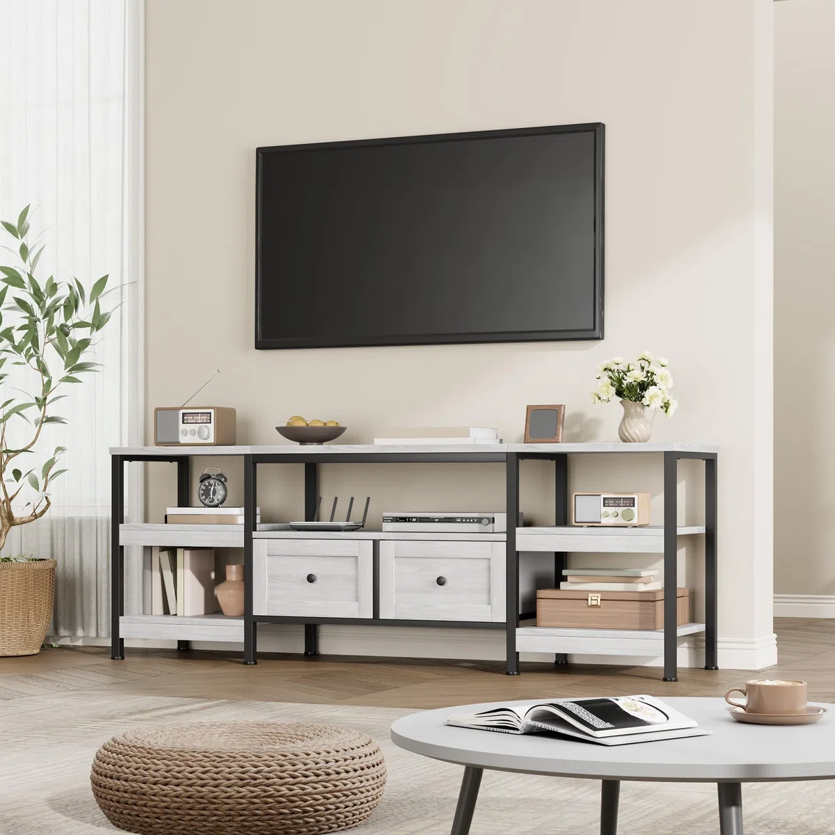 GarveeHome Mueble de TV Industrial para Sala de Estar – 2 cajones, 5 estantes Abiertos, Estructura metálica, Tablero de Madera, para televisores hasta 85 Pulgadas – Blanco Antiguo, 2 Metros