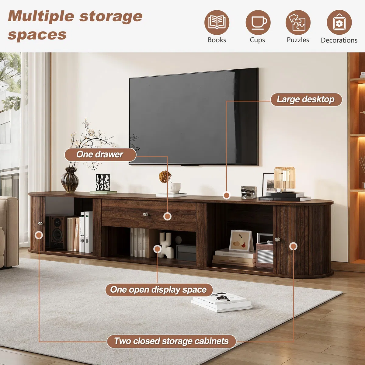 Mueble de TV con diseño redondo y 2 puertas enrollables, con 1 cajón, para televisores de hasta 75 pulgadas, adecuado para salón y comedor, 180 x 40 x 40 cm, color nogal, nogal