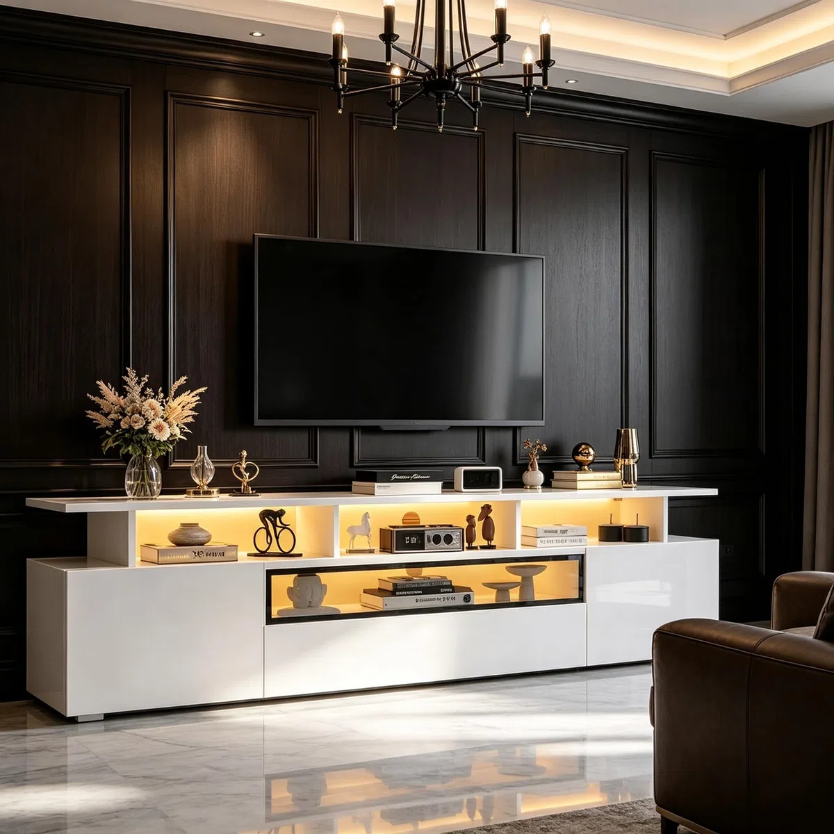 Mueble para TV de 180 cm en color blanco brillante con LED, 2 armarios, 1 cajón y 10 estantes, mesa de TV con control de aplicación, apto para televisores de hasta 75 pulgadas aprox