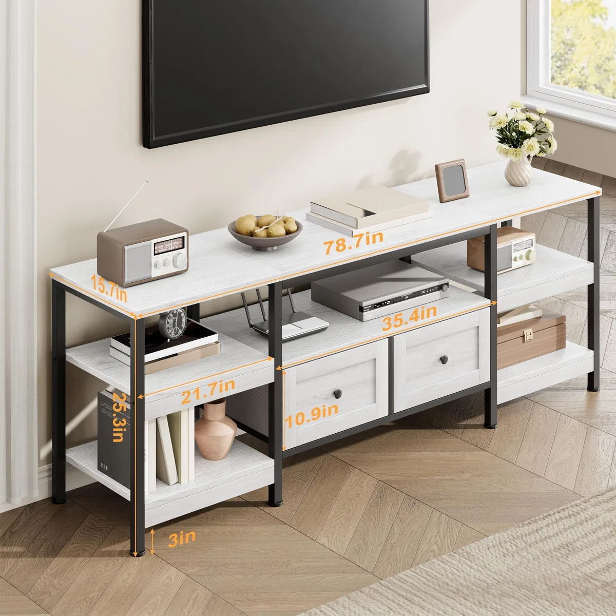 GarveeHome Mueble de TV Industrial para Sala de Estar – 2 cajones, 5 estantes Abiertos, Estructura metálica, Tablero de Madera, para televisores hasta 85 Pulgadas – Blanco Antiguo, 2 Metros