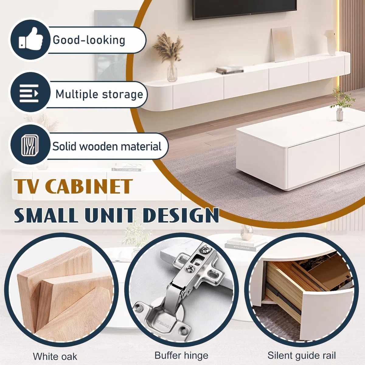Unidad De Entretenimiento Que Ahorra Espacio, Mueble De TV Blanco Moderno Con Almacenamiento, Mueble De TV Flotante Negro, Consola Multimedia Grande, Para Sala De Estar, Dormitorio U Oficina(Blanco,14