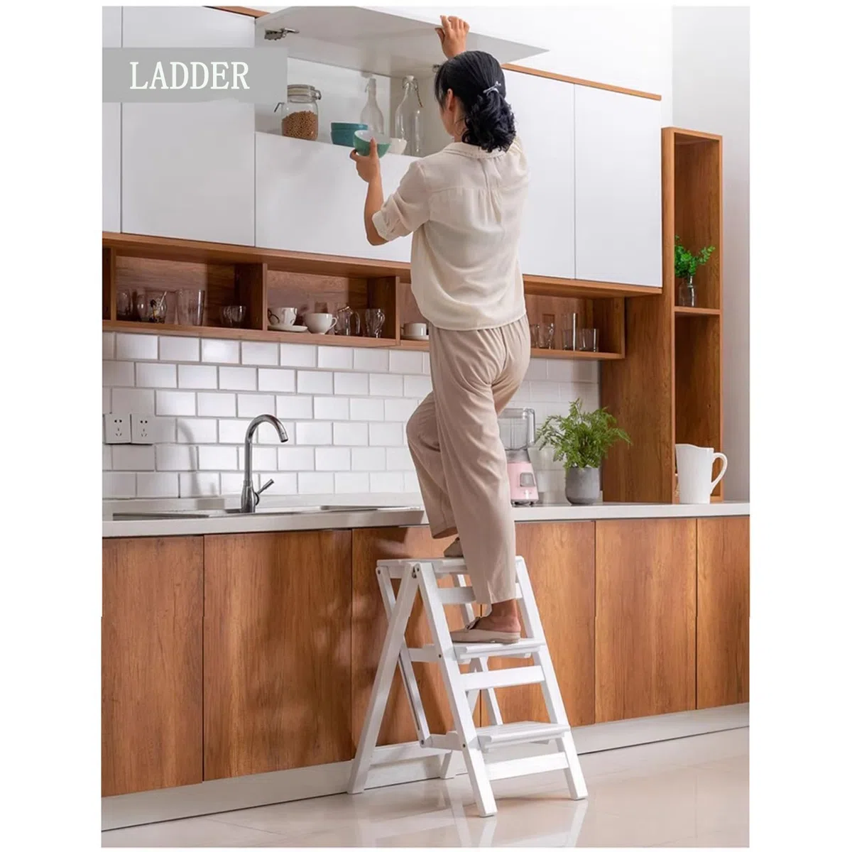 Escalera de Madera Maciza, Taburete, Silla de Escalera para Interiores, Multifuncional, Plegable, para el hogar, Escalera de Mano, Escalera Plegable de instalación (Cuarto Orden)