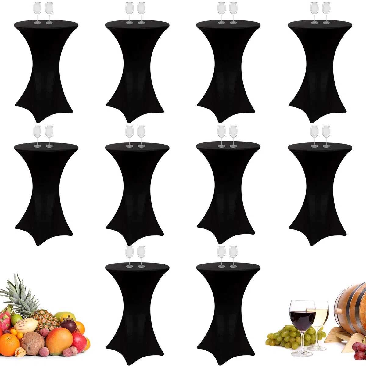 Mantel de elastano para mesa de cóctel a granel, 24 x 43 pulgadas, redondo, elástico, para bistró, ropa de esquina alta para bodas, banquetes, fiestas de cumpleaños (negro, paquete de 10)
