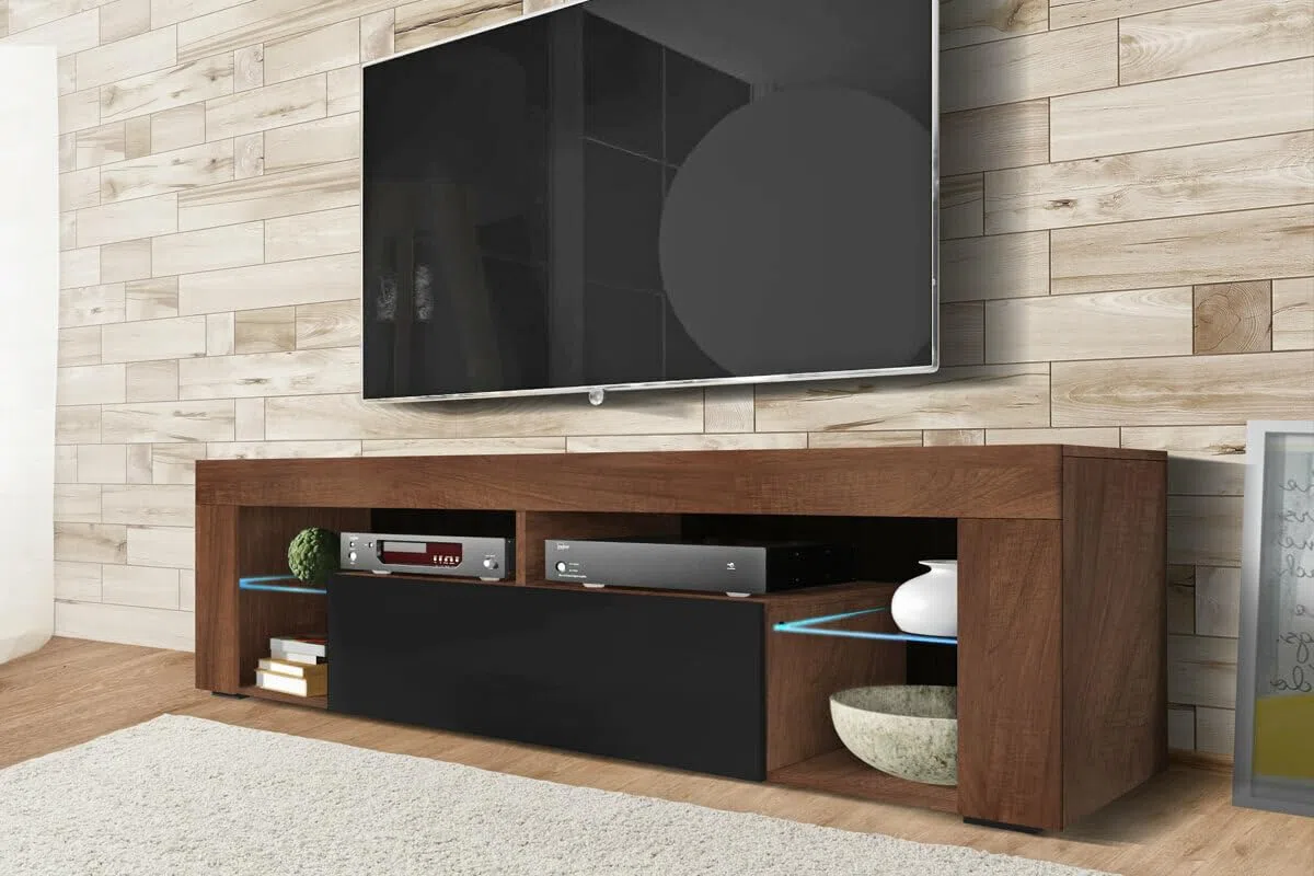 Selsey BIANKO - Mueble TV Moderno/Mesa TV/Mueble para Salón / 140 cm (sin LED, Nogal/Negro Brillante)
