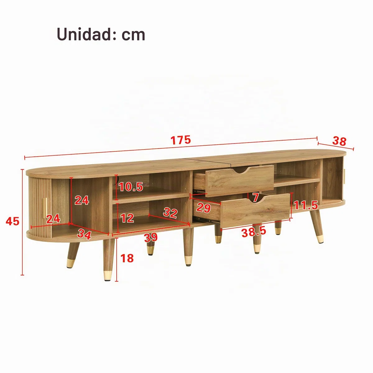 Armario para TV (175 x 38 x 45 cm, con puerta corredera de ratán, compartimentos abiertos, madera)
