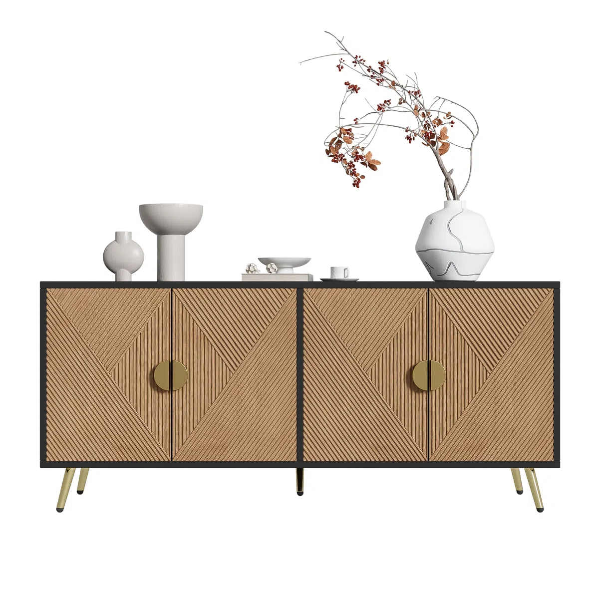 Cómoda aparador con mucho espacio de almacenamiento, armario con asas doradas y patas de mesa de alto brillo, para salón, 160 x 40 x 75 cm, color negro + grano de madera