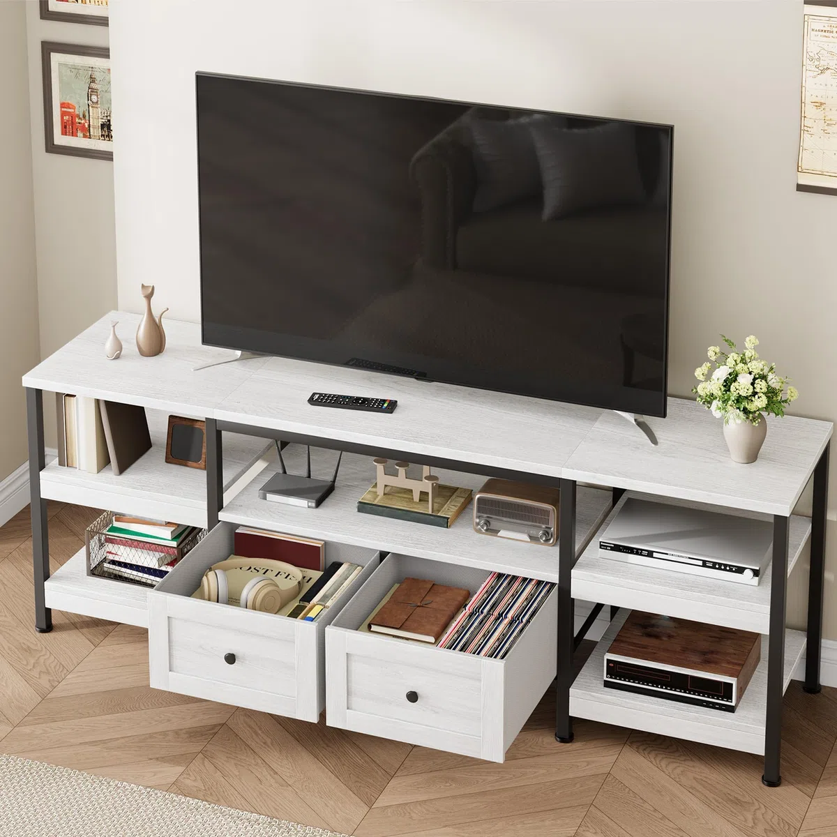 GarveeHome Mueble de TV Industrial para Sala de Estar – 2 cajones, 5 estantes Abiertos, Estructura metálica, Tablero de Madera, para televisores hasta 85 Pulgadas – Blanco Antiguo, 2 Metros