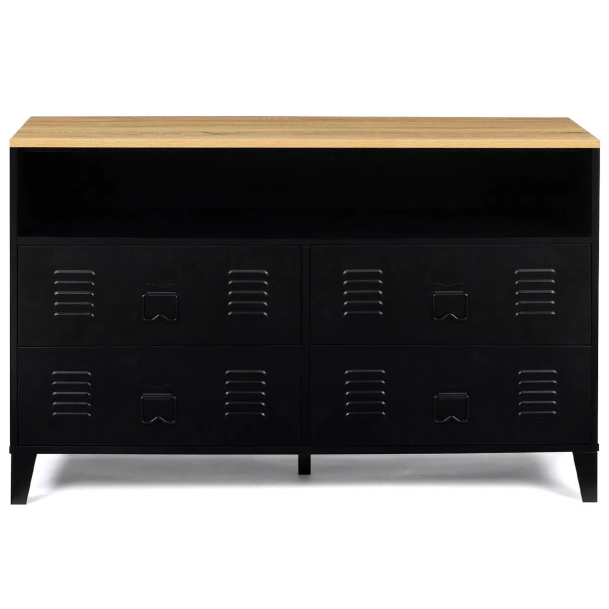 IDMarket – Cómoda 4 cajones Ester 115 cm metal negro y bandeja de madera de haya con nicho de diseño industrial