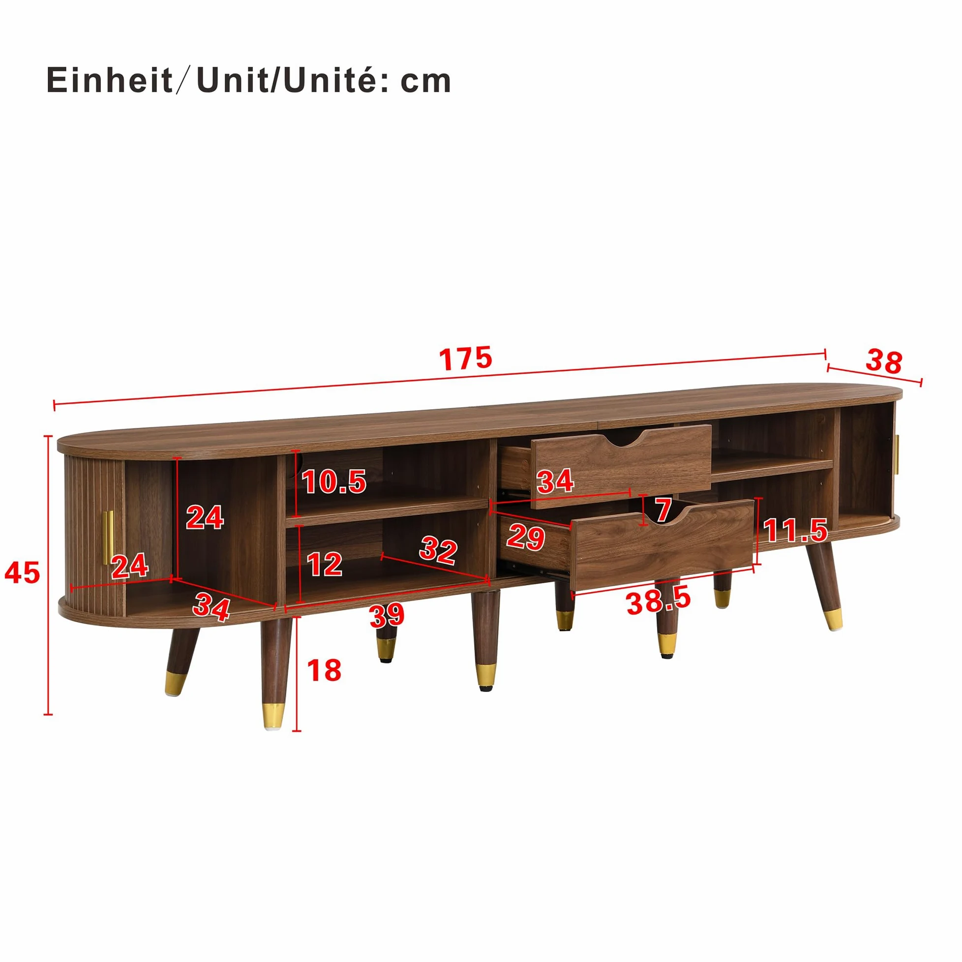 Mueble de TV de ratán de 175 cm de ancho, con puertas correderas, espacio de almacenamiento, compartimentos abiertos, cajones y asas doradas de nogal rústico