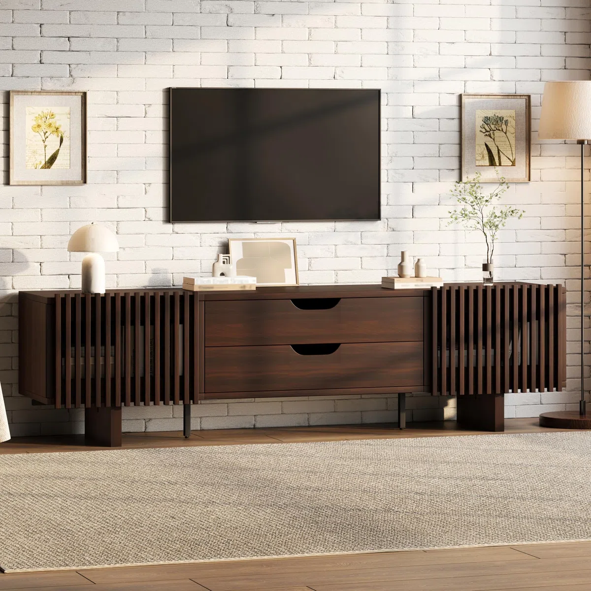 Soporte para TV de 180 x 40 x 45 cm en nogal oscuro, dispone de dos cajones y puertas de armario únicas, mueble de TV, armario de salón, armario de televisión, adecuado para televisores de hasta 75