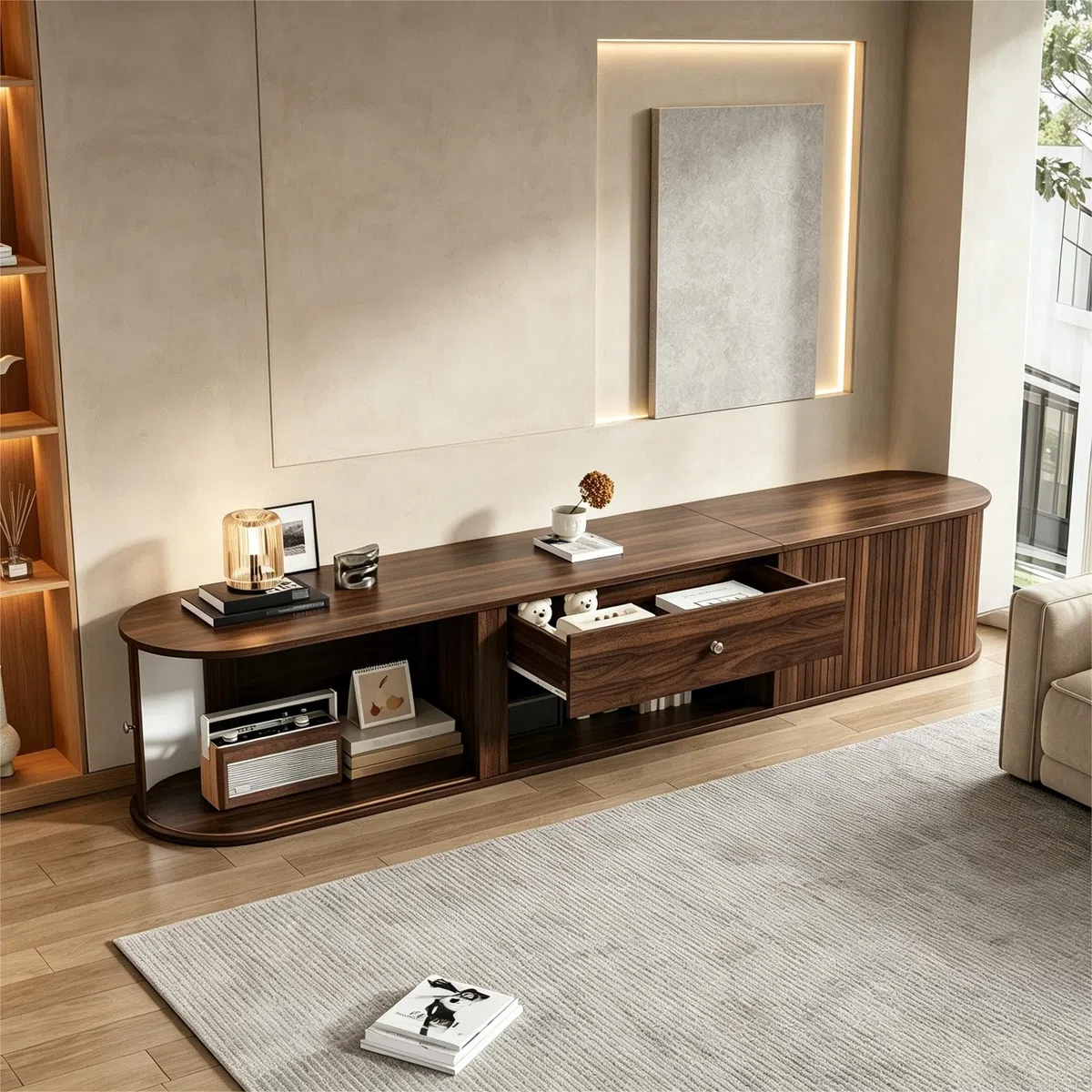 Mueble de TV con diseño redondo y 2 puertas enrollables, con 1 cajón, para televisores de hasta 75 pulgadas, adecuado para salón y comedor, 180 x 40 x 40 cm, color nogal, nogal