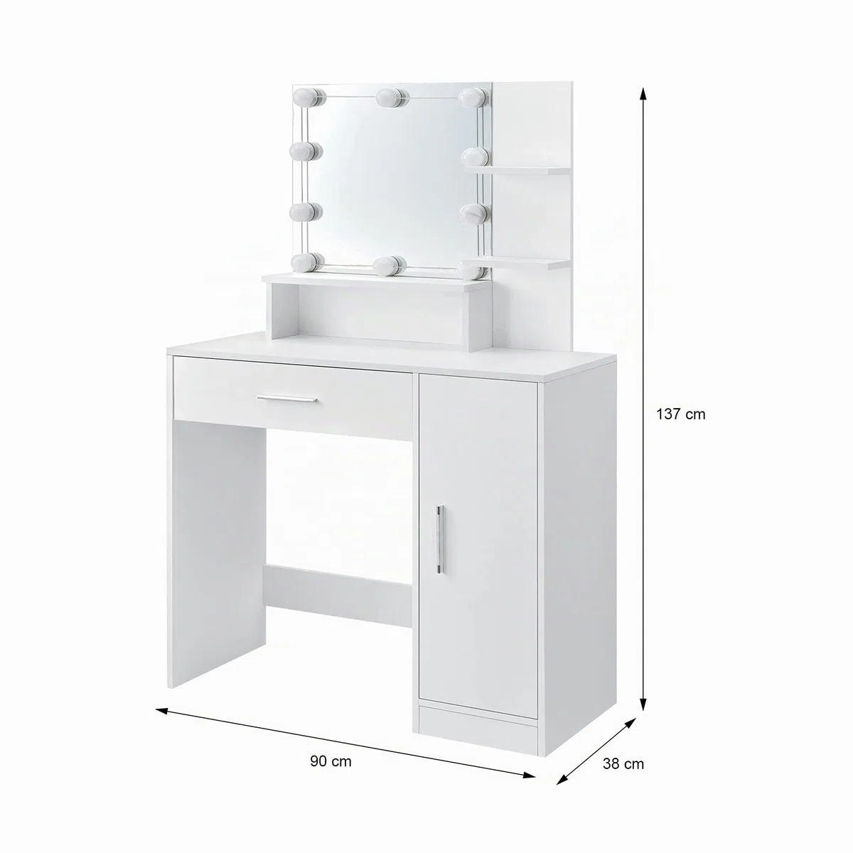 ML-Design Tocador Blanco Mesa de Maquillaje con Luz LED con Espejo Cajón y Compartimentos 137 x 90 x 38 cm de Madera MDF Gabinete Moderno Mueble para Retoques de Belleza Make-up con Iluminación