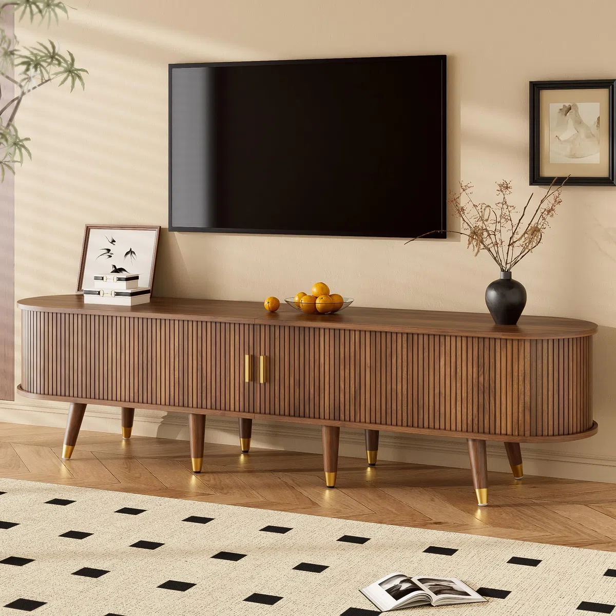 Mueble para TV de 175 cm con puerta corredera de ratán, aspecto de nogal y mucho espacio de almacenamiento, mesa de televisión rústica de MDF con compartimentos abiertos, cajones y armario