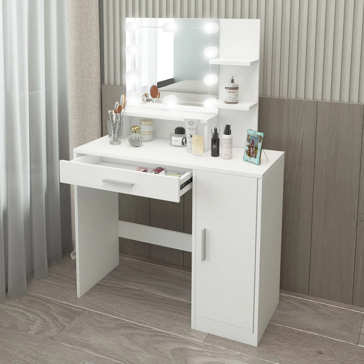 ML-Design Tocador Blanco Mesa de Maquillaje con Luz LED con Espejo Cajón y Compartimentos 137 x 90 x 38 cm de Madera MDF Gabinete Moderno Mueble para Retoques de Belleza Make-up con Iluminación