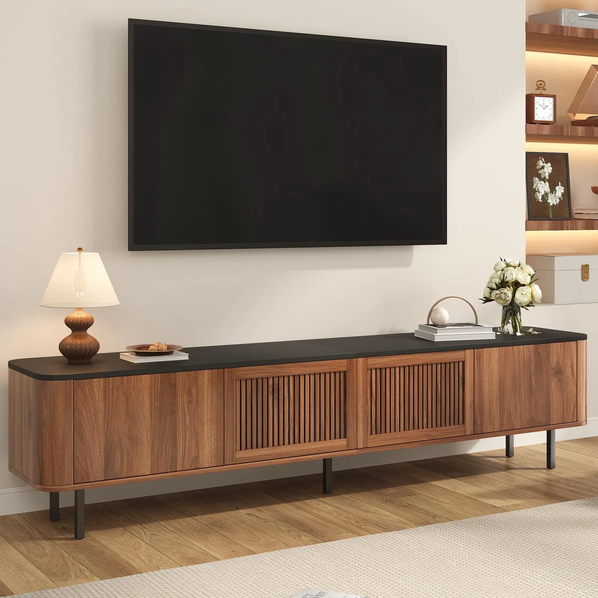 Mueble para TV de color nogal, 190 x 35 x 45 cm, panel moderno, soporte de TV bajo, diseño único