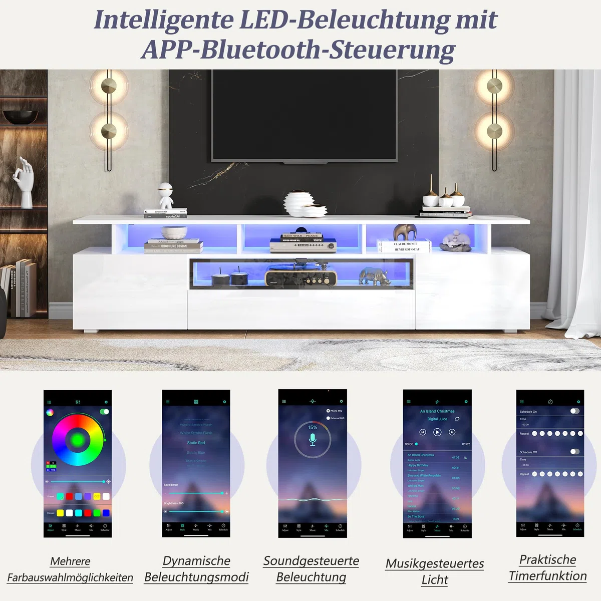 Mueble para TV de 180 cm en color blanco brillante con LED, 2 armarios, 1 cajón y 10 estantes, mesa de TV con control de aplicación, apto para televisores de hasta 75 pulgadas aprox