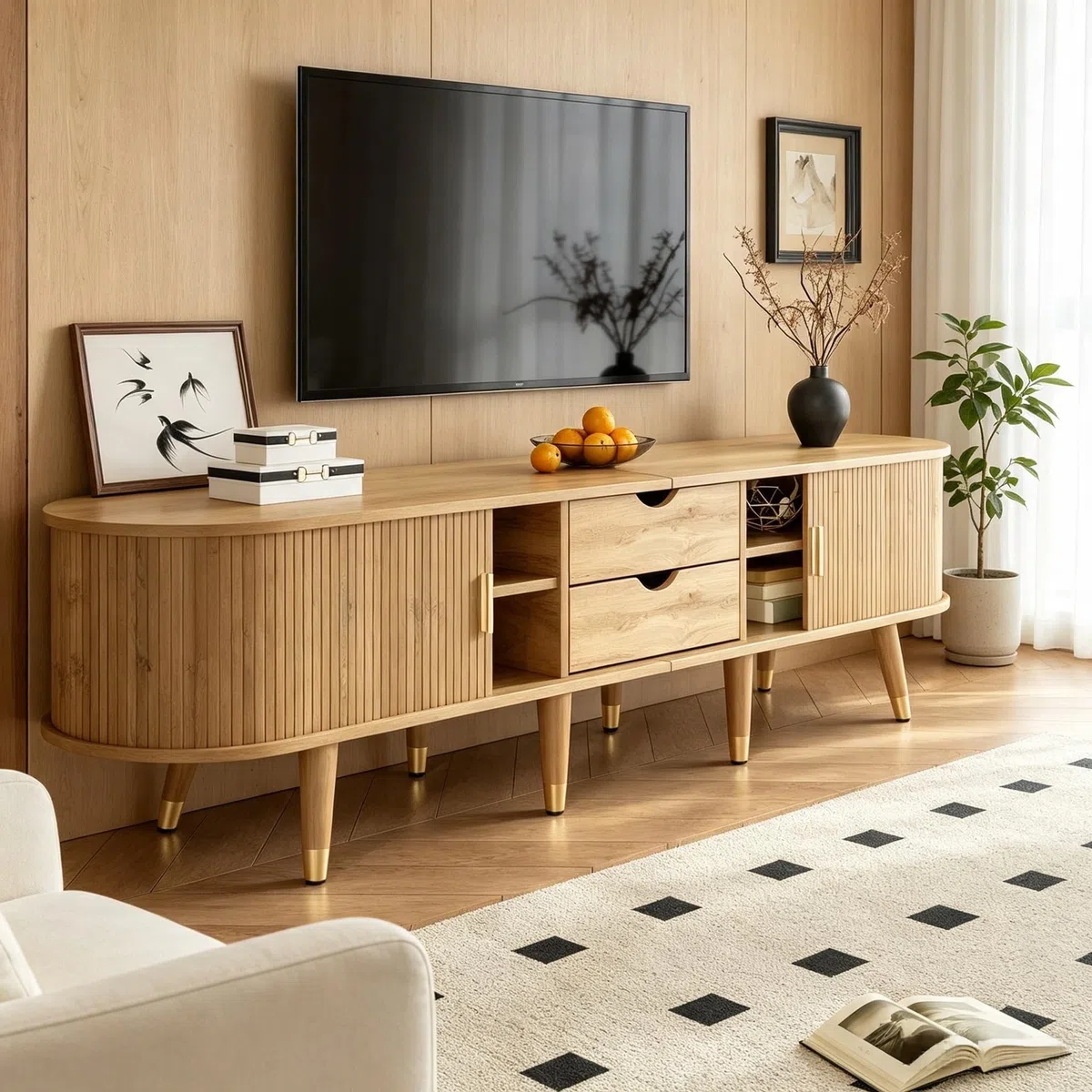 Armario para TV (175 x 38 x 45 cm, con puerta corredera de ratán, compartimentos abiertos, madera)