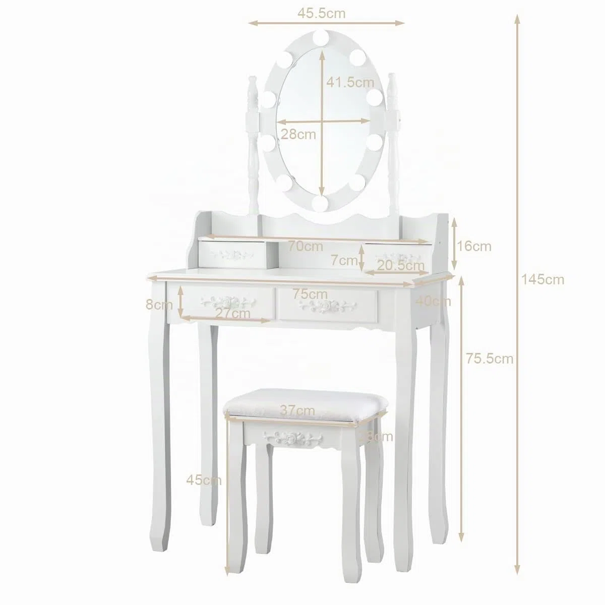 COSTWAY Set Mesa Tocador con 10 Luces LED, Mesa de Maquillaje con Espejo Ovalado Iluminado e Interruptor Táctil, Iluminosidad Regulable, Tocador con 4 Cajones y Taburete Acolchado (Blanco)