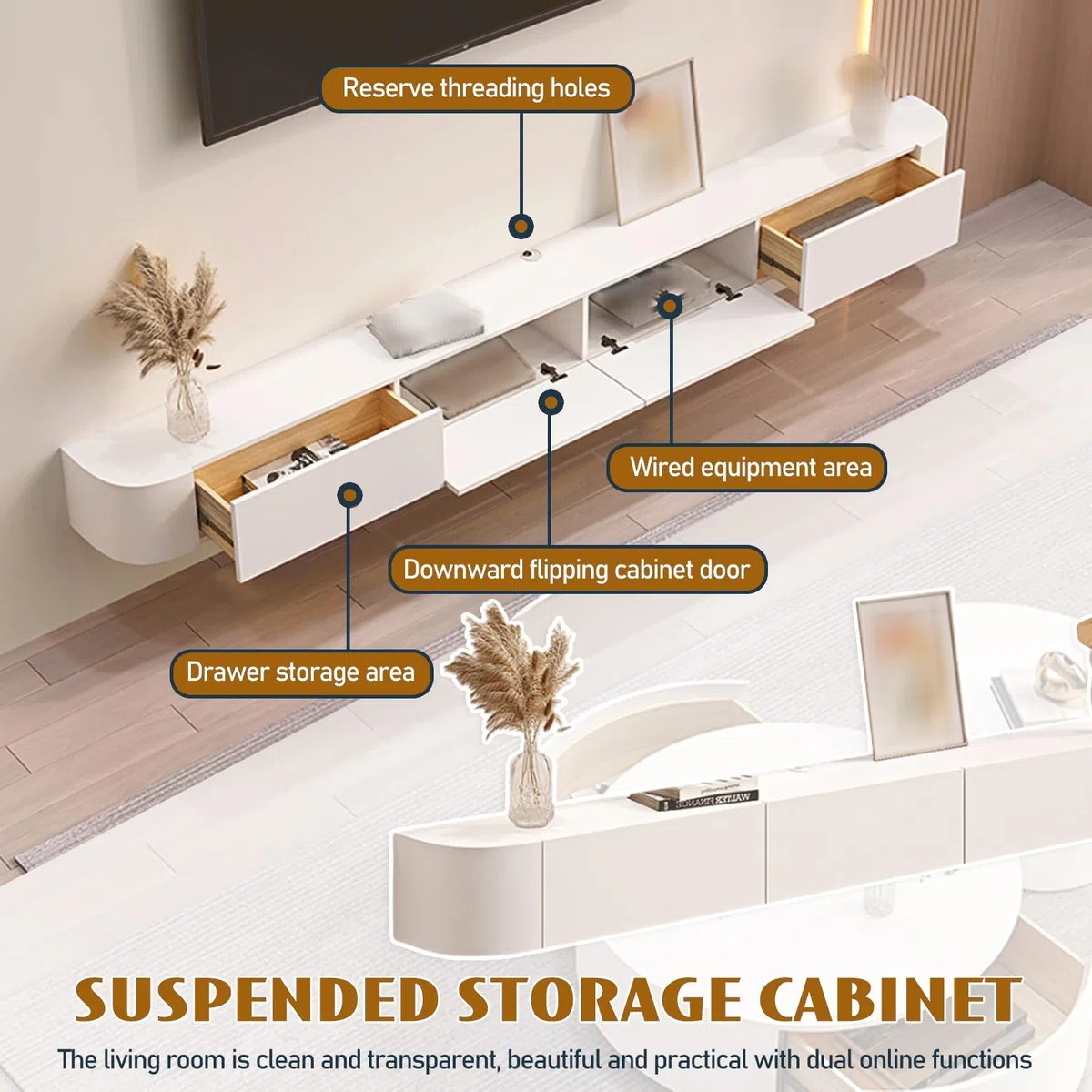 Unidad De Entretenimiento Que Ahorra Espacio, Mueble De TV Blanco Moderno Con Almacenamiento, Mueble De TV Flotante Negro, Consola Multimedia Grande, Para Sala De Estar, Dormitorio U Oficina(Blanco,14