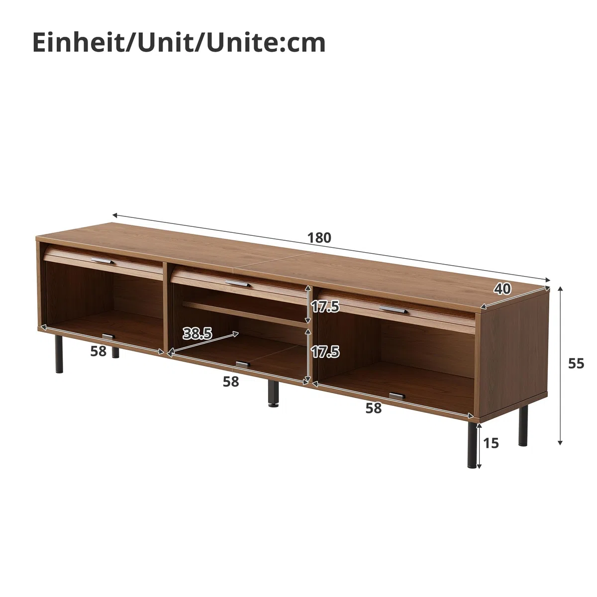 Mueble de TV, 3 puertas correderas, relieve vertical, tiradores negros, pies de metal negro, sala de estar, nogal