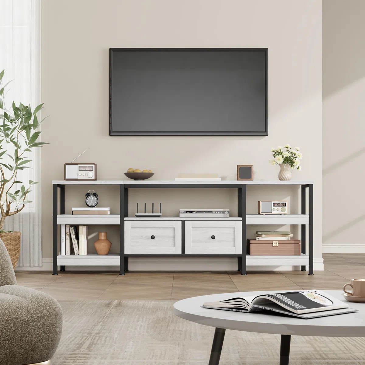 GarveeHome Mueble de TV Industrial para Sala de Estar – 2 cajones, 5 estantes Abiertos, Estructura metálica, Tablero de Madera, para televisores hasta 85 Pulgadas – Blanco Antiguo, 2 Metros