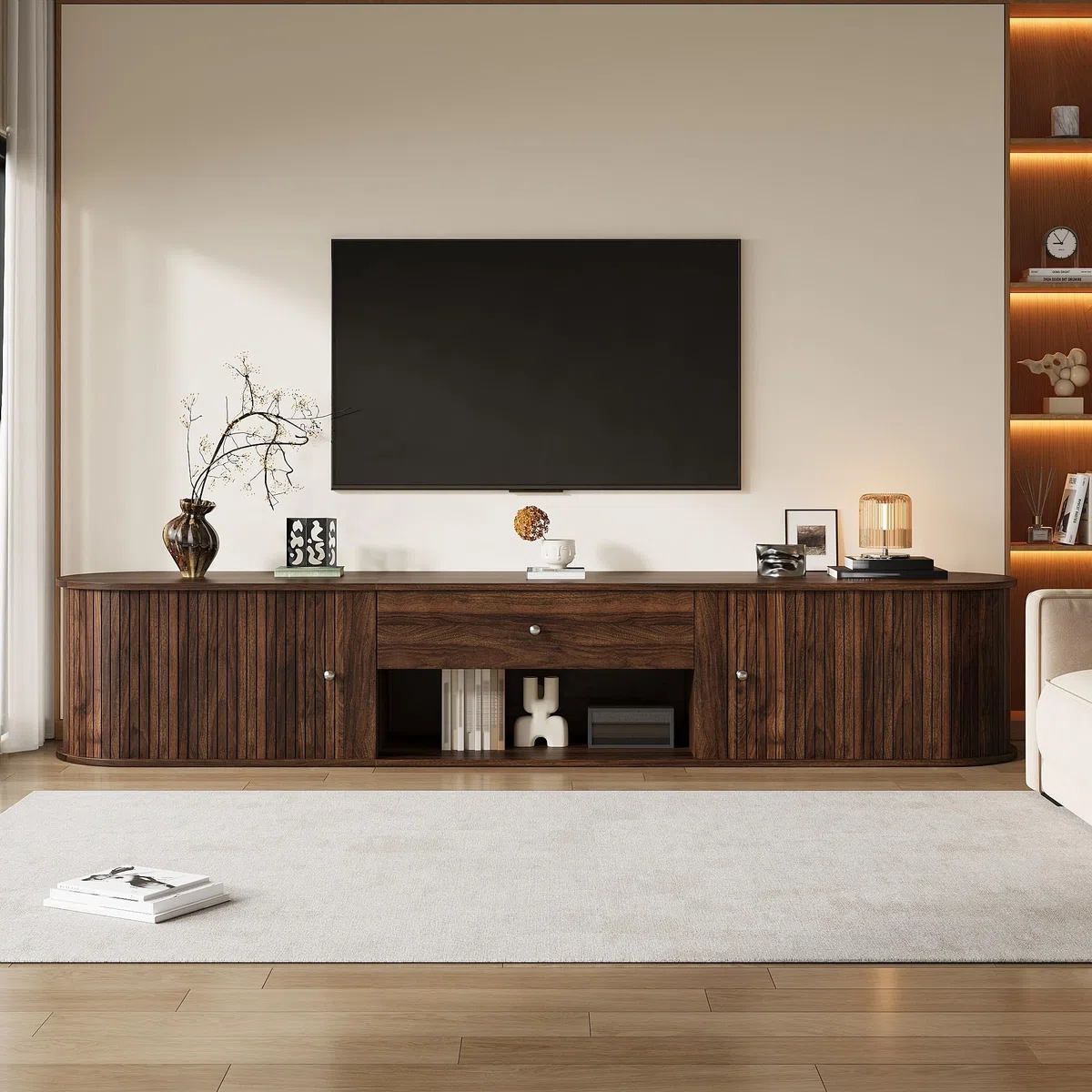 Mueble de TV con diseño redondo y 2 puertas enrollables, con 1 cajón, para televisores de hasta 75 pulgadas, adecuado para salón y comedor, 180 x 40 x 40 cm, color nogal, nogal