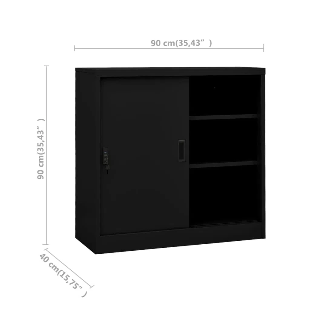 Armario de metal, armario para oficina, puerta corredera, puertas correderas, muebles de oficina, armarios con llave, armario multiusos de acero negro, 90 x 40 x 90 cm