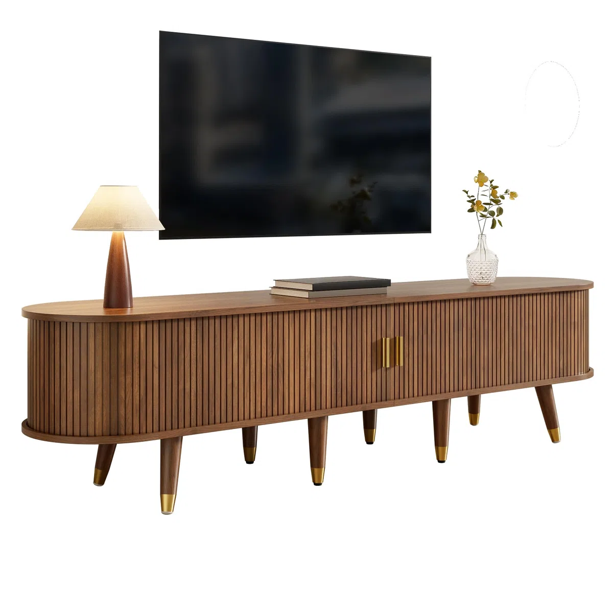 Mueble de TV de ratán de 175 cm de ancho, con puertas correderas, espacio de almacenamiento, compartimentos abiertos, cajones y asas doradas de nogal rústico