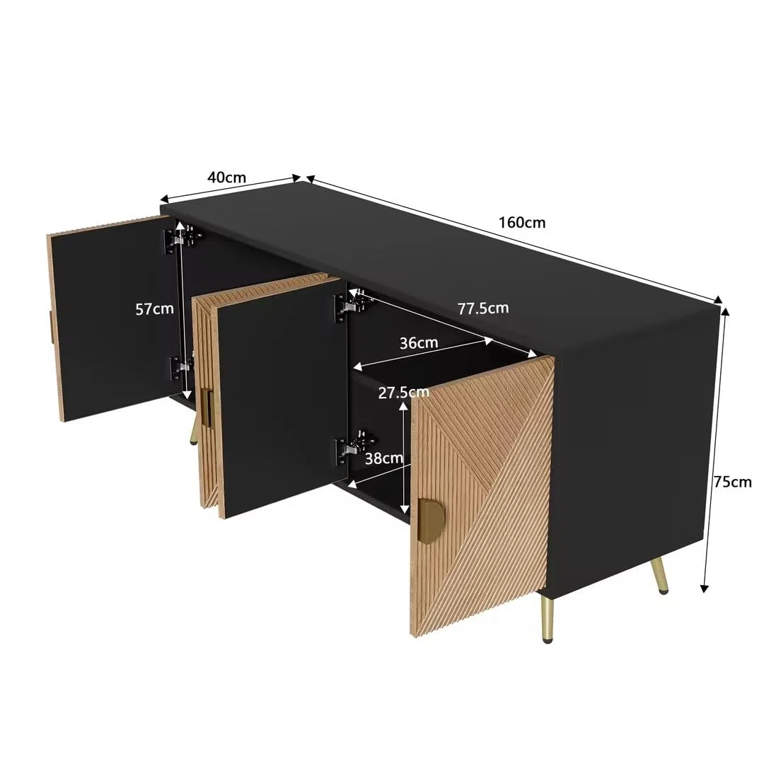 Cómoda aparador con mucho espacio de almacenamiento, armario con asas doradas y patas de mesa de alto brillo, para salón, 160 x 40 x 75 cm, color negro + grano de madera