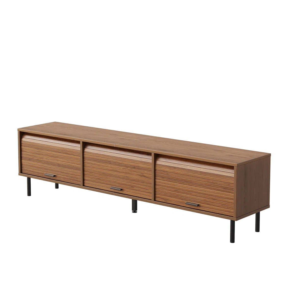 Mueble de TV, 3 puertas correderas, relieve vertical, tiradores negros, pies de metal negro, sala de estar, nogal