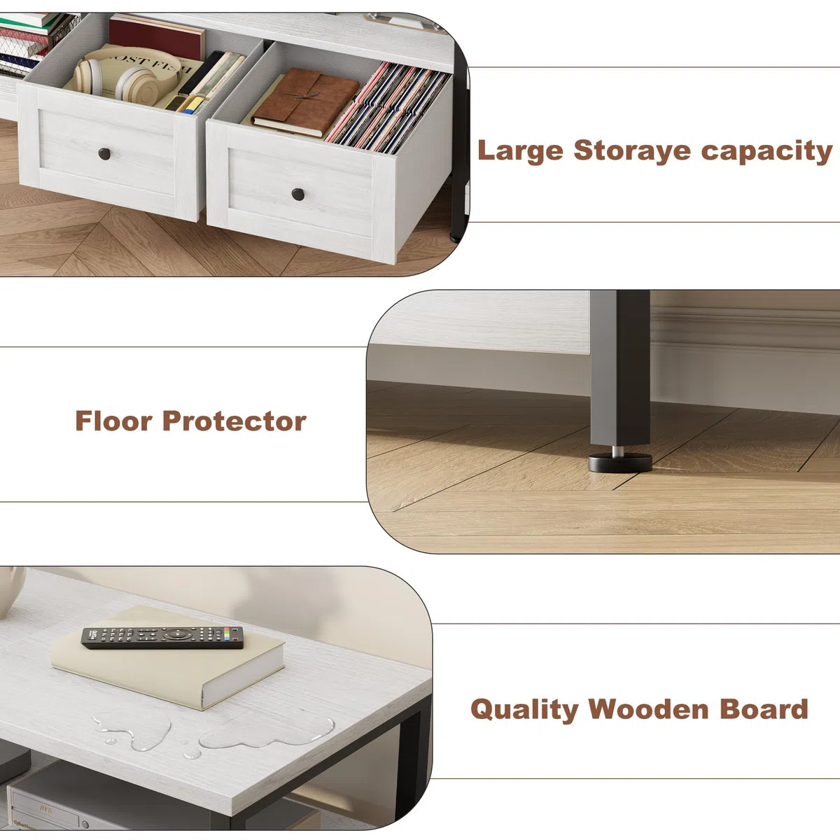GarveeHome Mueble de TV Industrial para Sala de Estar – 2 cajones, 5 estantes Abiertos, Estructura metálica, Tablero de Madera, para televisores hasta 85 Pulgadas – Blanco Antiguo, 2 Metros