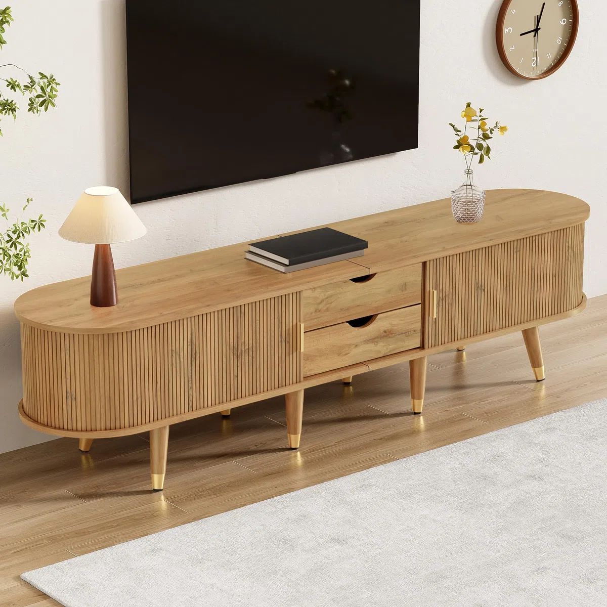 Armario para TV (175 x 38 x 45 cm, con puerta corredera de ratán, compartimentos abiertos, madera)