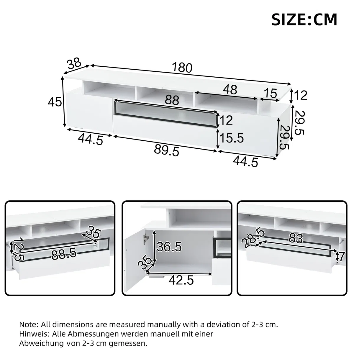 Mueble para TV de 180 cm en color blanco brillante con LED, 2 armarios, 1 cajón y 10 estantes, mesa de TV con control de aplicación, apto para televisores de hasta 75 pulgadas aprox