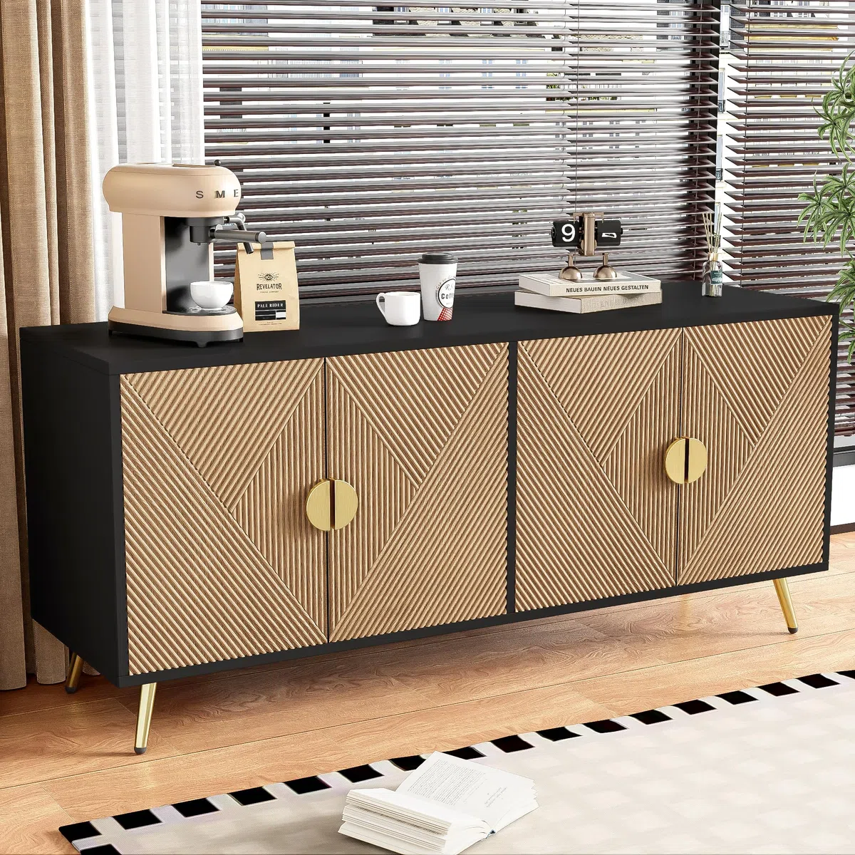 Cómoda aparador con mucho espacio de almacenamiento, armario con asas doradas y patas de mesa de alto brillo, para salón, 160 x 40 x 75 cm, color negro + grano de madera