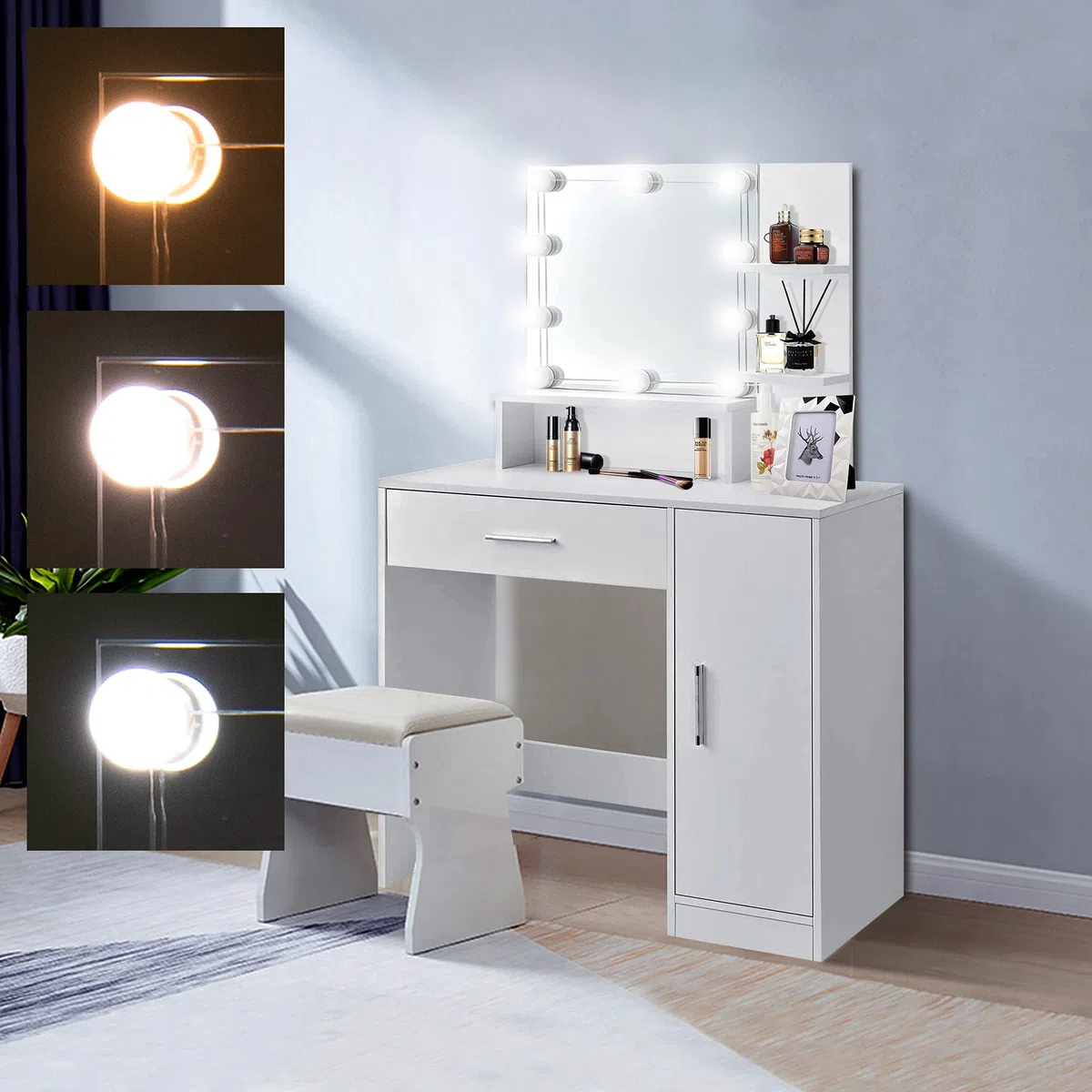 ML-Design Tocador Blanco Mesa de Maquillaje con Luz LED con Espejo Cajón y Compartimentos 137 x 90 x 38 cm de Madera MDF Gabinete Moderno Mueble para Retoques de Belleza Make-up con Iluminación