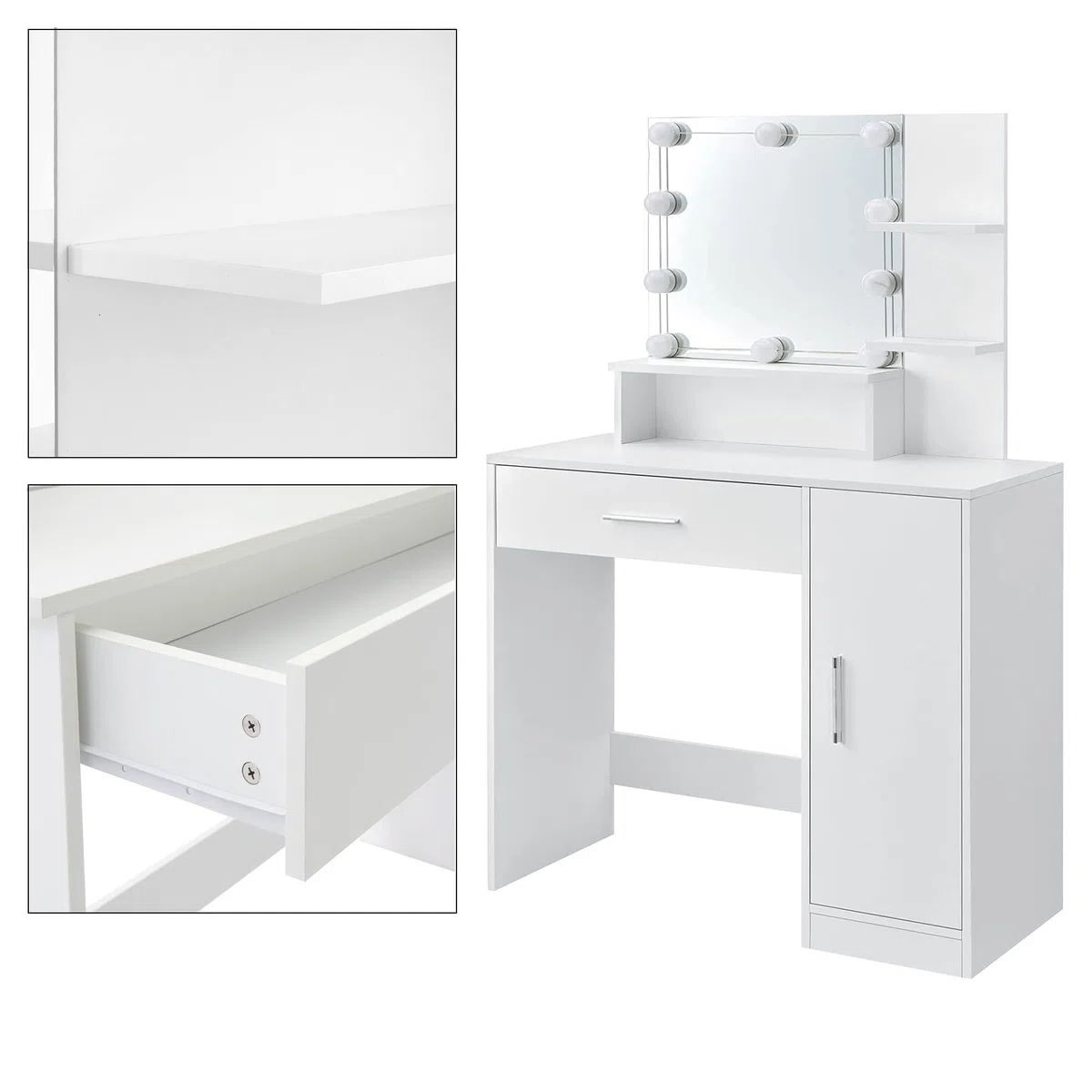 ML-Design Tocador Blanco Mesa de Maquillaje con Luz LED con Espejo Cajón y Compartimentos 137 x 90 x 38 cm de Madera MDF Gabinete Moderno Mueble para Retoques de Belleza Make-up con Iluminación