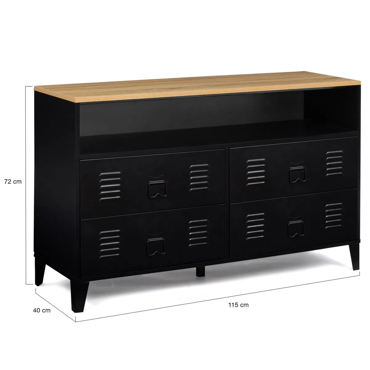 IDMarket – Cómoda 4 cajones Ester 115 cm metal negro y bandeja de madera de haya con nicho de diseño industrial