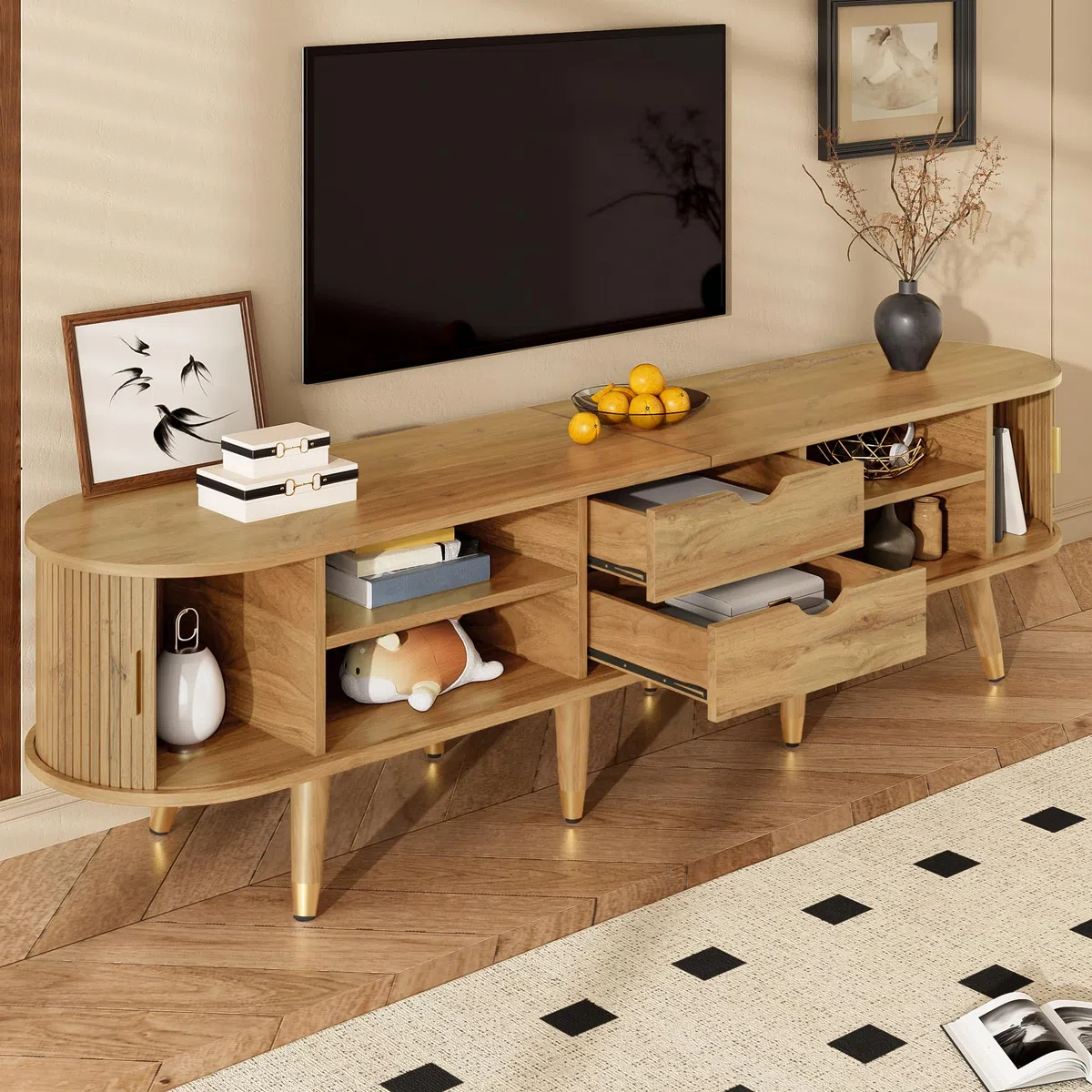 Armario para TV (175 x 38 x 45 cm, con puerta corredera de ratán, compartimentos abiertos, madera)