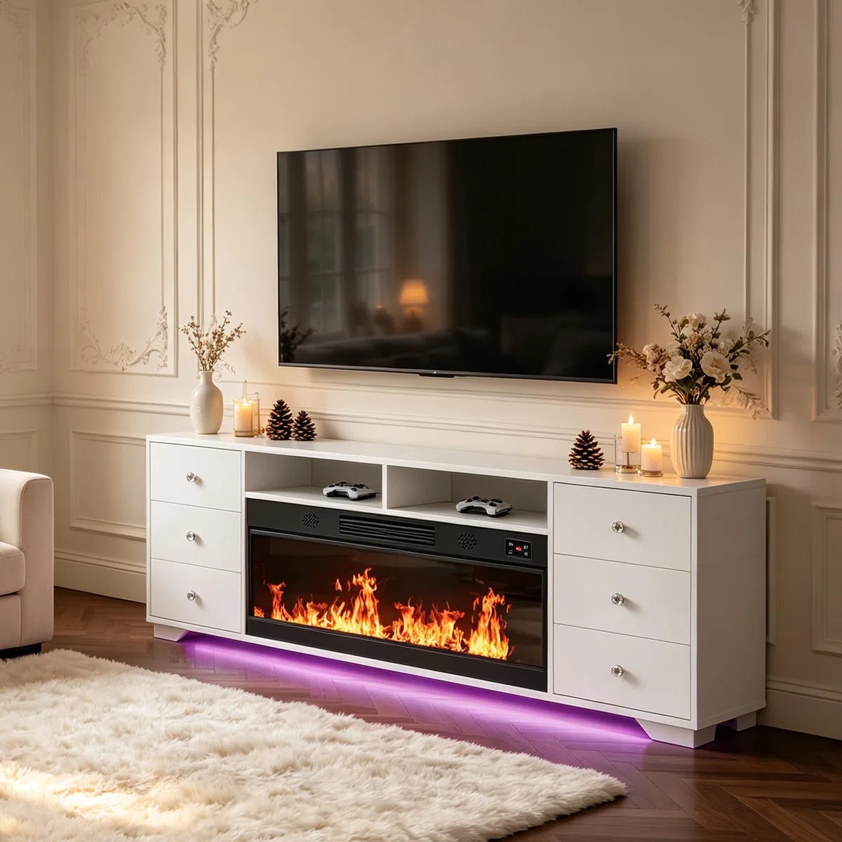FENCHILIN Chimenea eléctrica con mueble de TV y 6 cajones RGB 180 x 65 x 40 cm