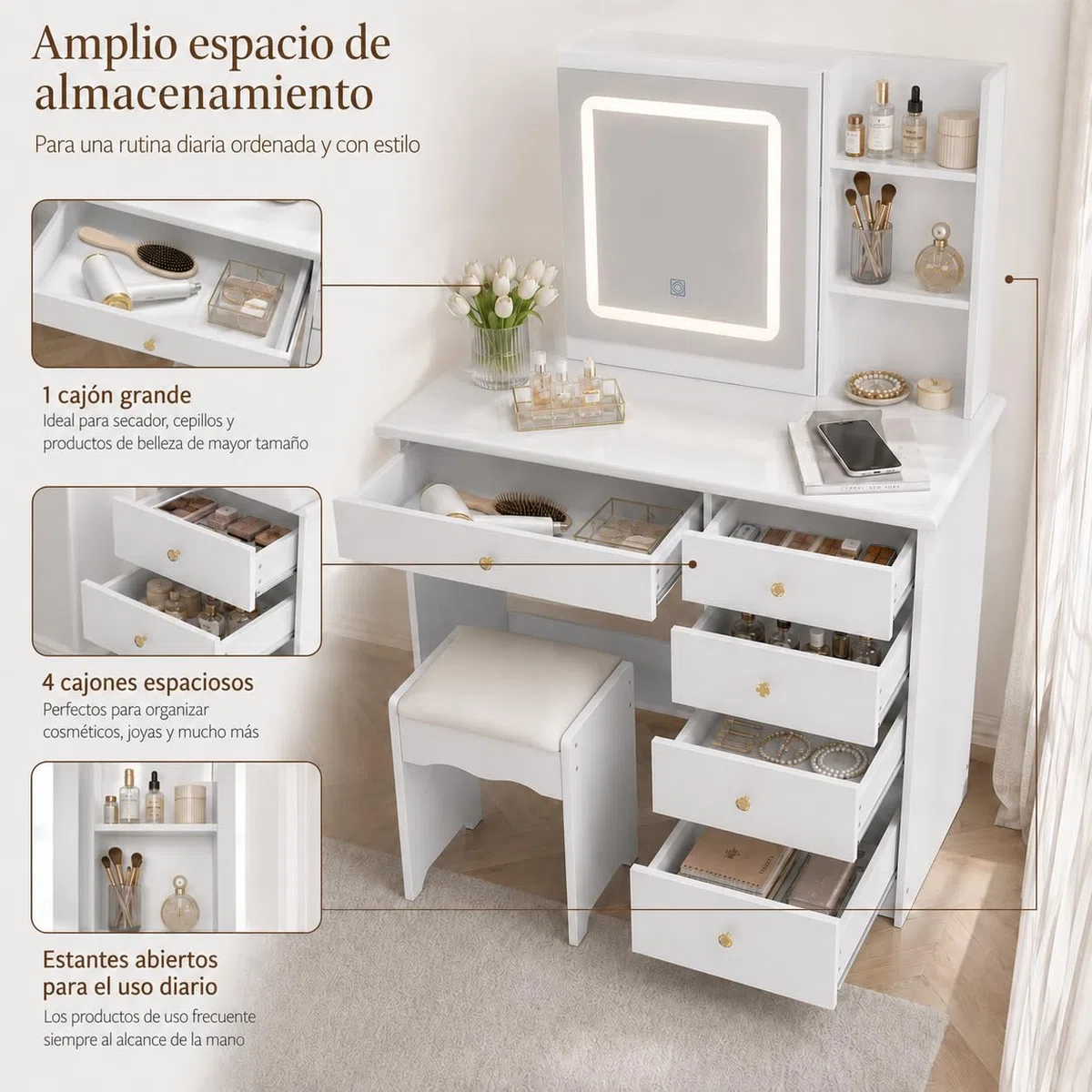 Premature Tocador con iluminación LED, espejo corredizo y taburete, 5 cajones, mesa de maquillaje con tapa de cristal y 4 estantes, blanco, 50 x 100 x 136 cm