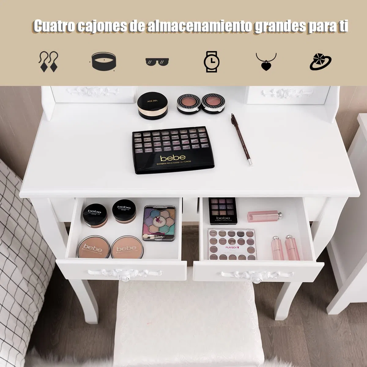 COSTWAY Set Mesa Tocador con 10 Luces LED, Mesa de Maquillaje con Espejo Ovalado Iluminado e Interruptor Táctil, Iluminosidad Regulable, Tocador con 4 Cajones y Taburete Acolchado (Blanco)